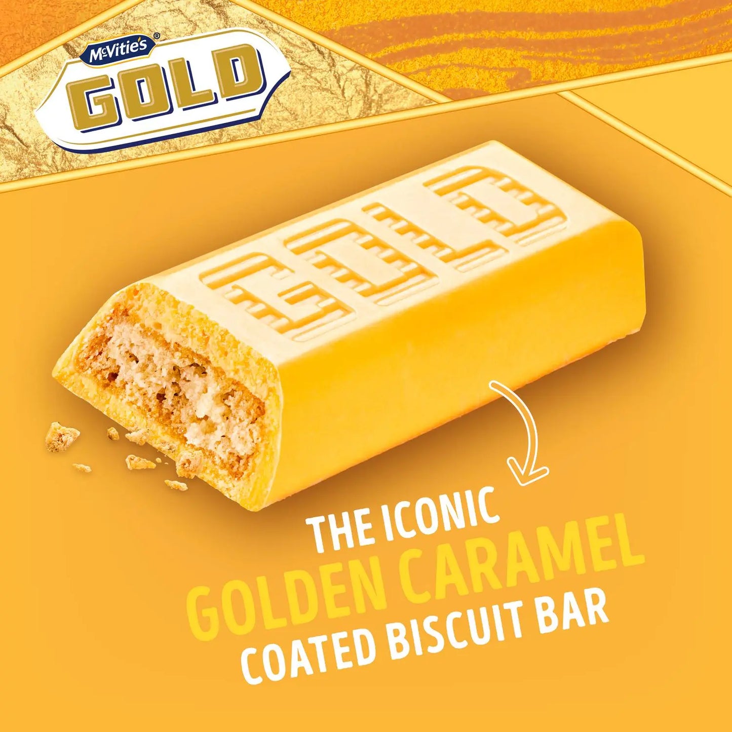 McVities Gold biscuit bar on a yellow background with text describing it as 'The Iconic Golden Caramel Coated Biscuit Bar'.