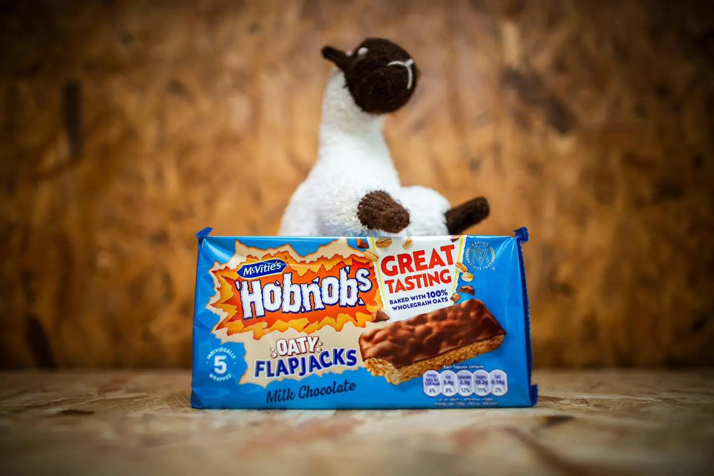 Box of McVitie's Hobnobs Oaty Flapjacks with a plush toy in the background