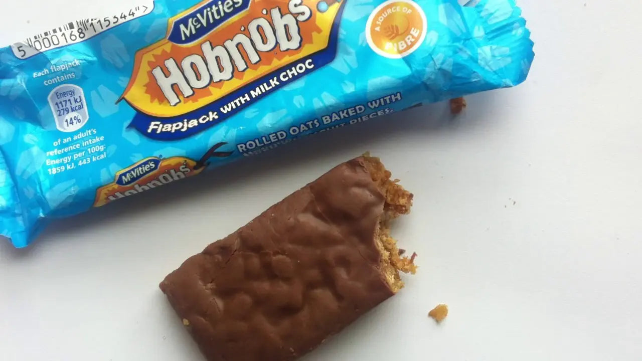 Malt-O-Meal Hobnobs flapjack with milk chocolate on a white background
