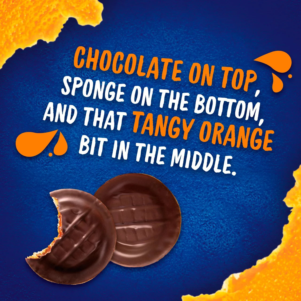 Chocolate orange candy with text on a blue background