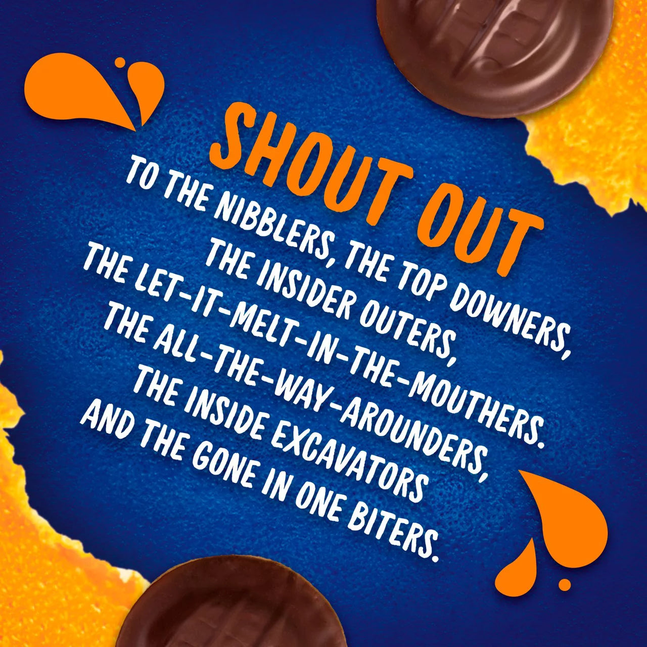 Promotional text for a chocolate product with orange and blue design elements.