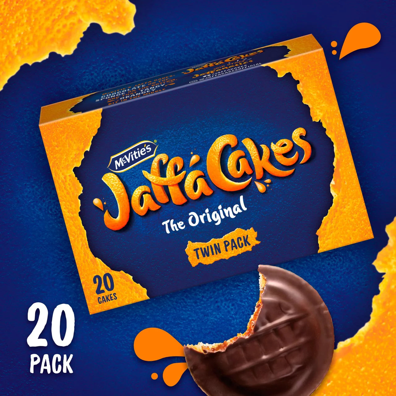 Box of McVitie's Jaffa Cakes on a blue background with orange accents