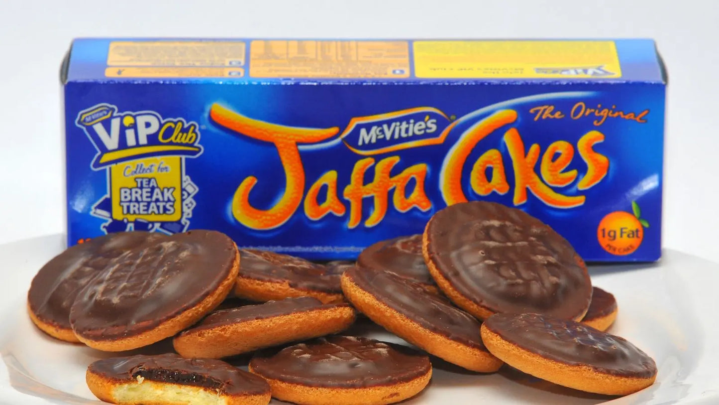 Box of McVitie's Jaffa Cakes with cookies in front