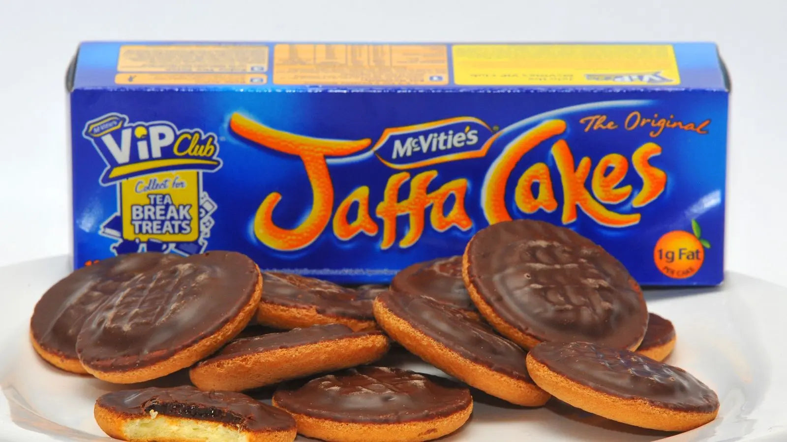 Box of McVitie's Jaffa Cakes with cookies in front
