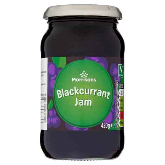 Jar of Morrisons Blackcurrant Jam on a white background
