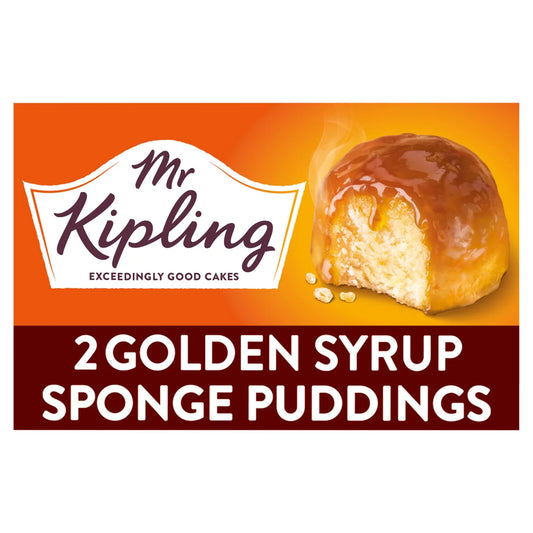 Mr Kipling Golden Syrup Sponge Puddings packaging with a piece of pudding on an orange background