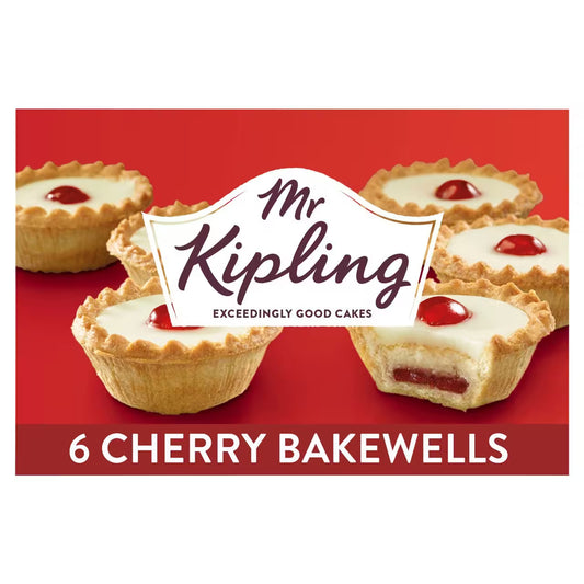Packaging of Mr. Kipling Cherry Bakewells on a red background