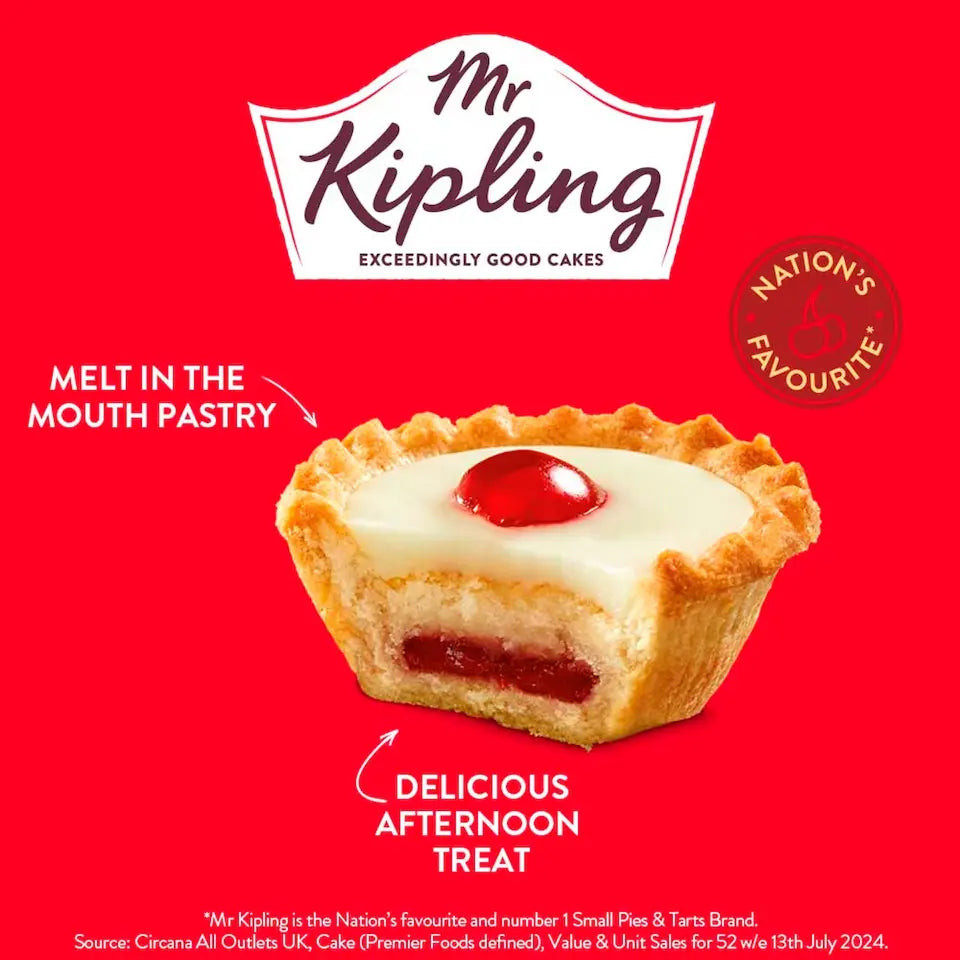 Mr Kipling pastry with cherry on top on a red background, featuring the brand logo.