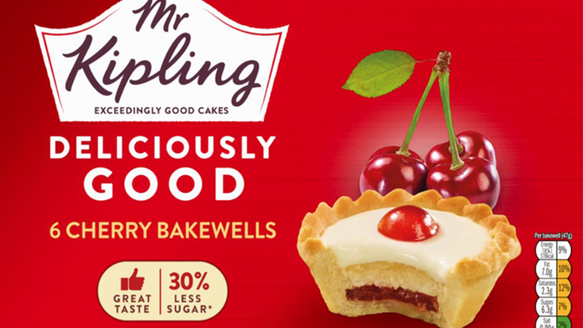Mr Kipling Cherry Bakewell packaging with a cherry on top against a red background
