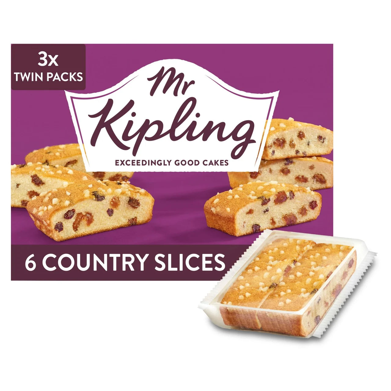 Mr. Kipling Country Slices packaging with a purple background