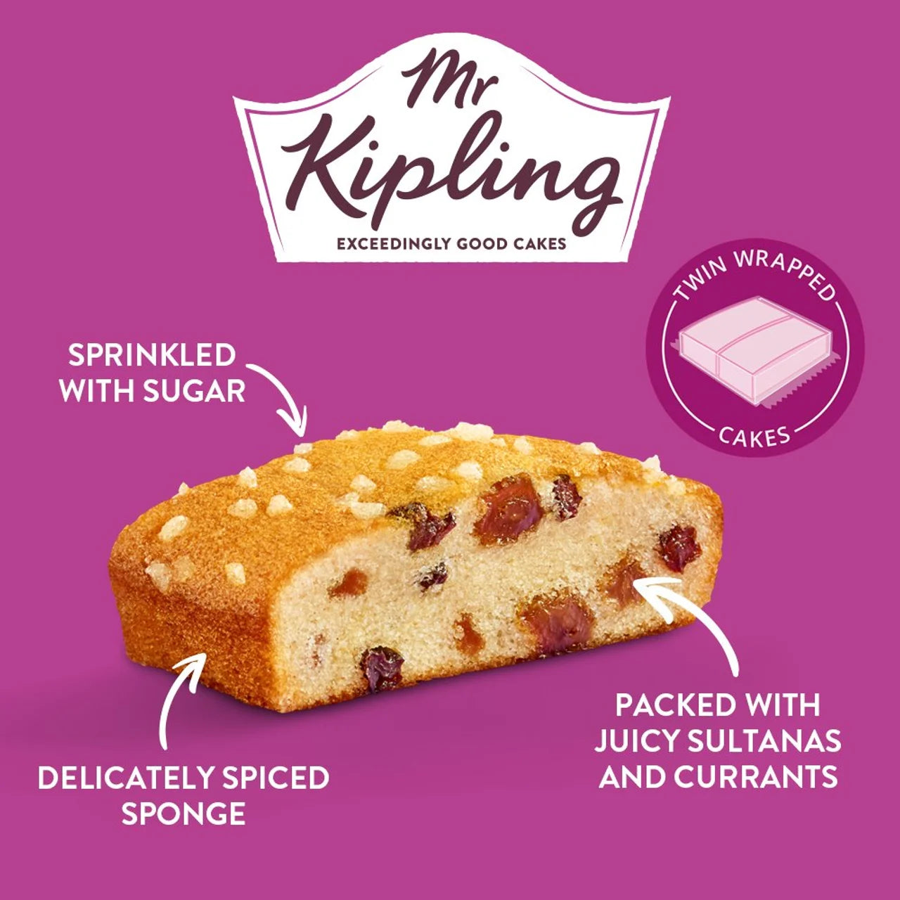 Mr Kipling cake with text describing its ingredients on a purple background