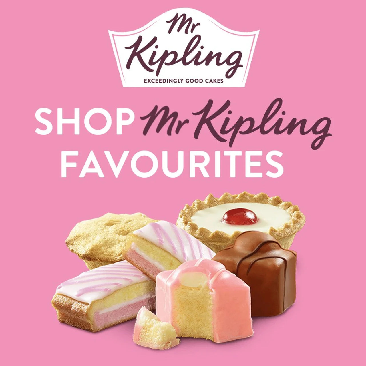 Promotional image of Mr Kipling cakes with the brand logo and text on a pink background.