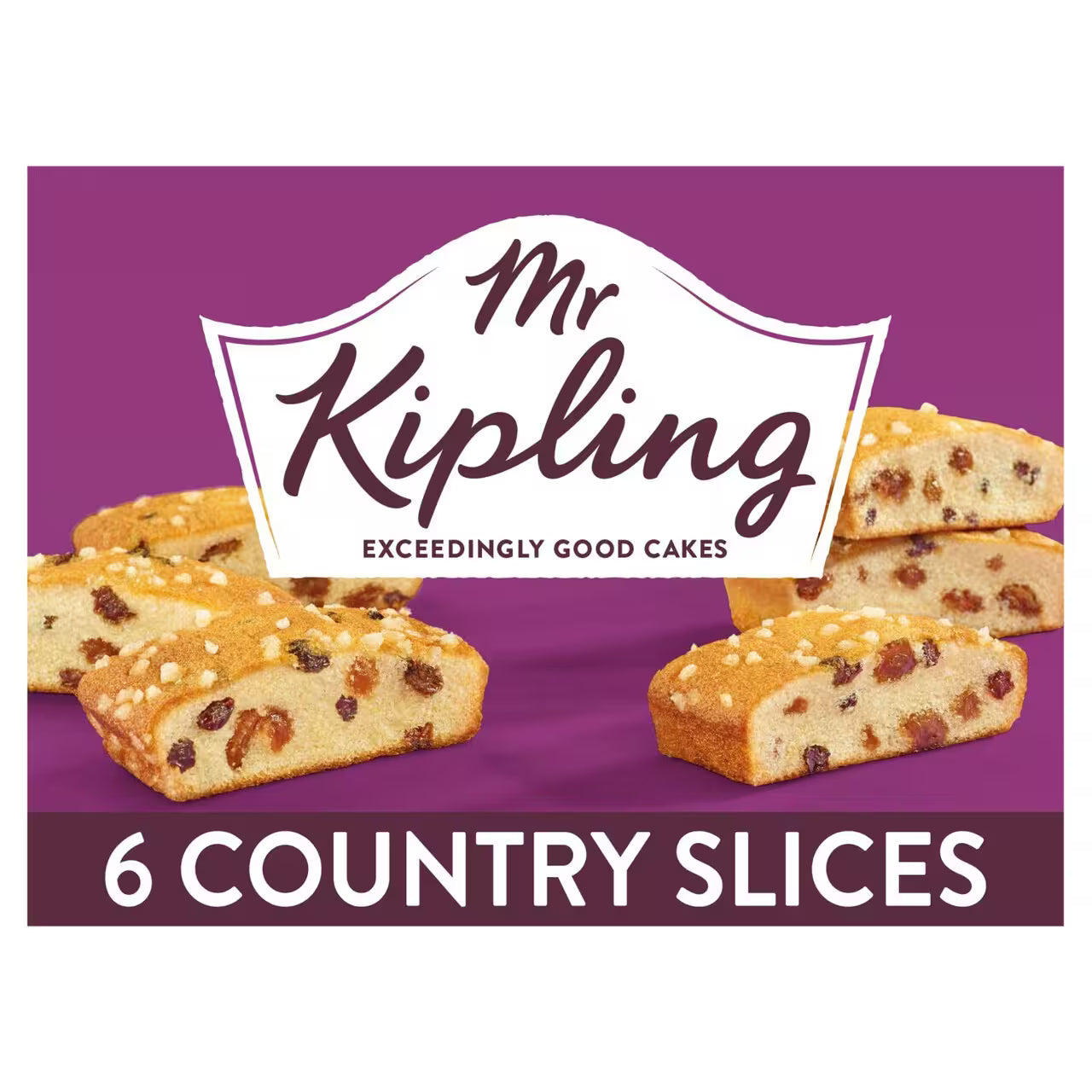 Mr Kipling Country Slices packaging on a purple background