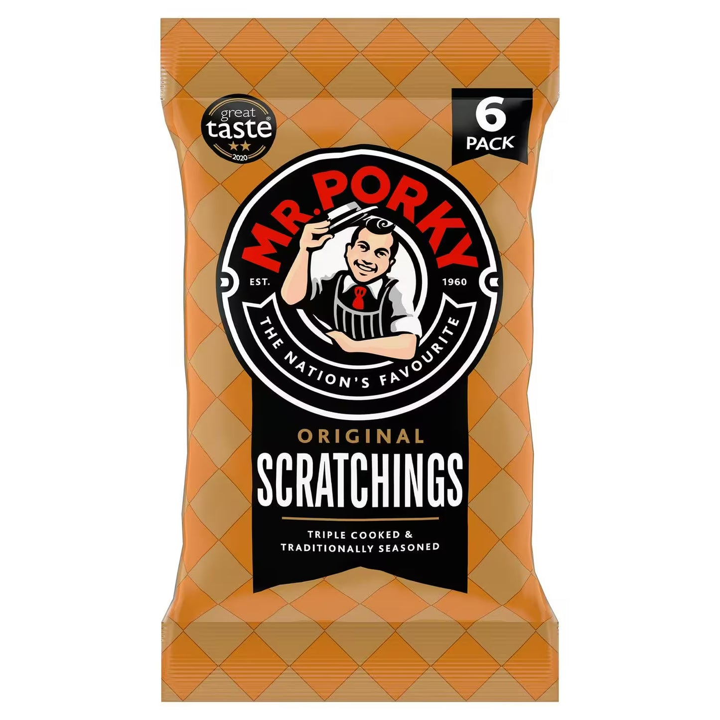 Packaging of Mr. Porky scratchings with brand logo and text on a white background