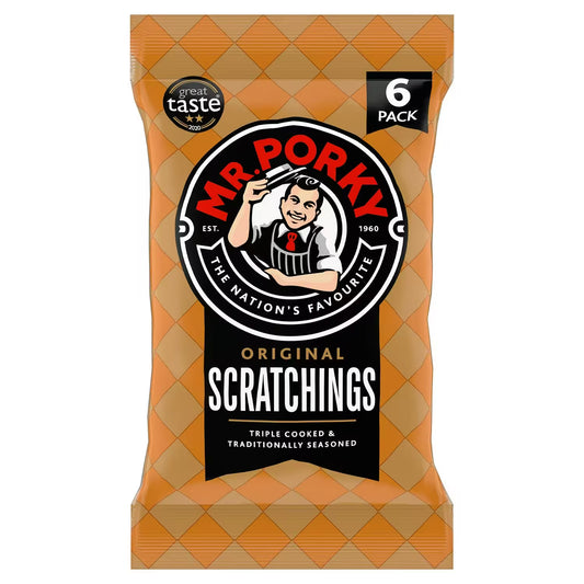Packaging of Mr. Porky scratchings with brand logo and text on a white background