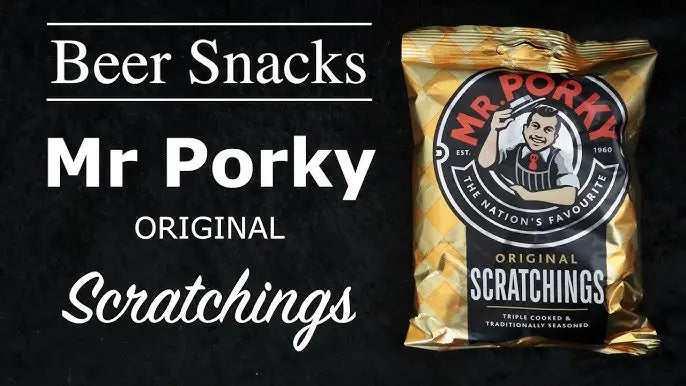 Mr Porky Scratchings snack packet on a black background with text.