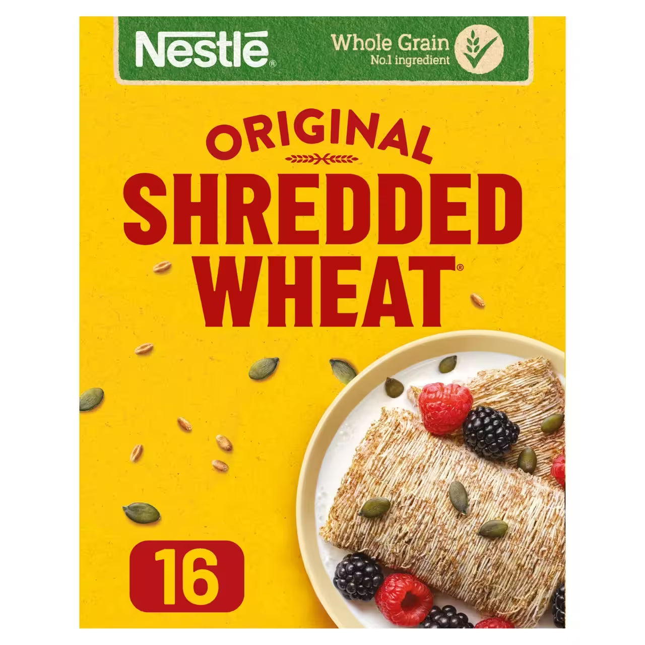 Nestle Shredded Wheat packaging with a bowl of cereal and berries on a yellow background