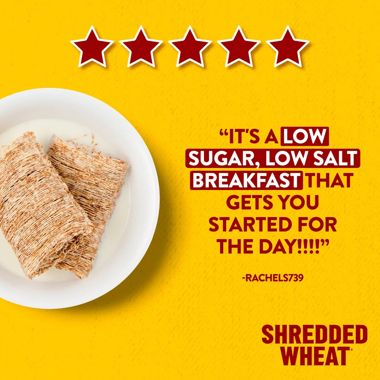 Shredded wheat on a plate with five red stars and a review quote on a yellow background