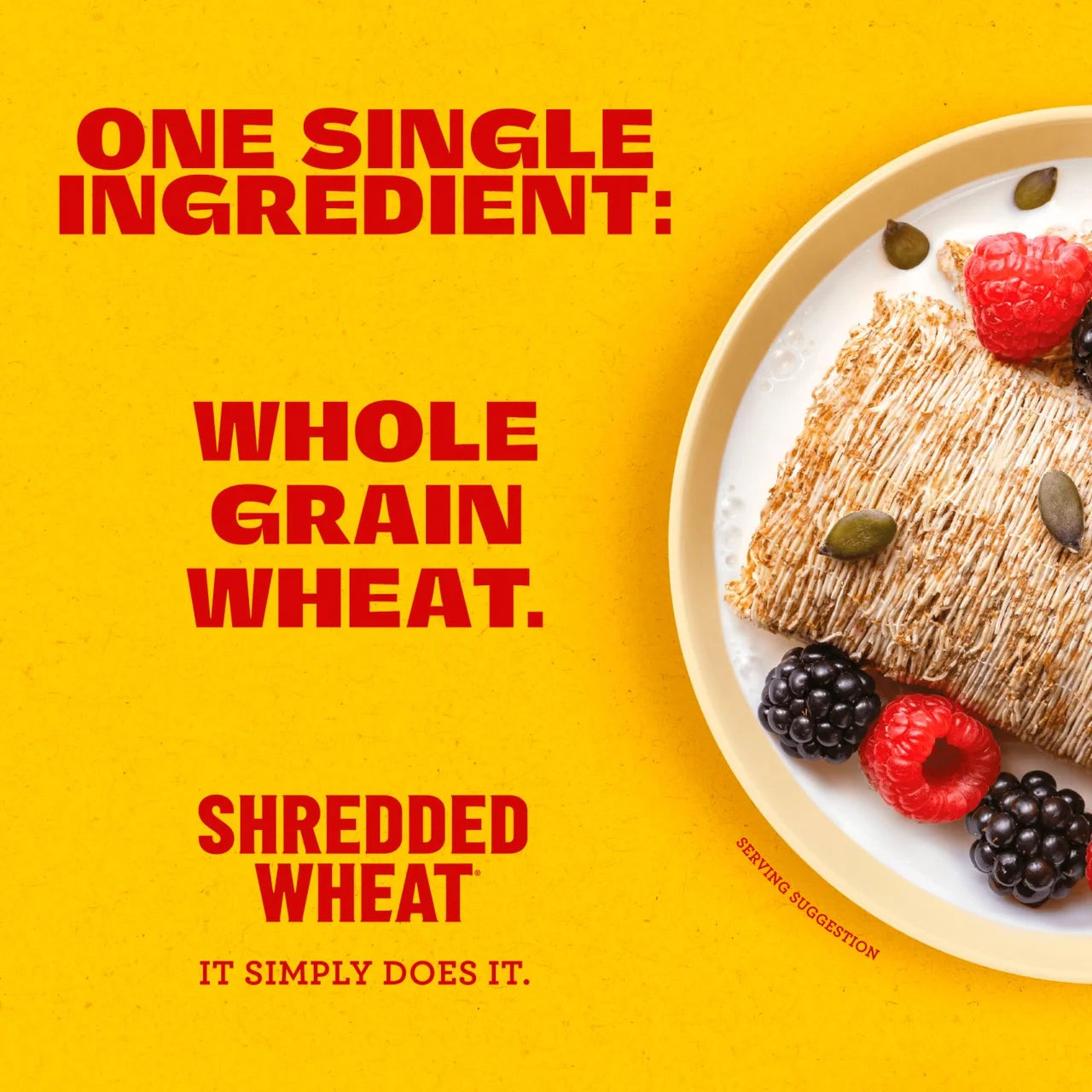Shredded wheat on a plate with berries against a yellow background, featuring text about whole grain wheat.