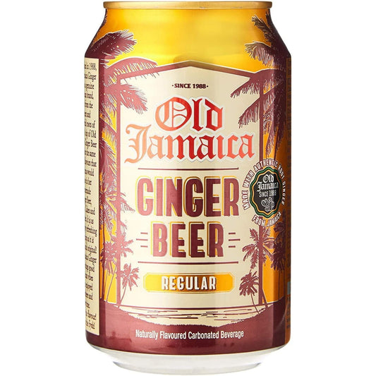 Can of Old Jamaica Ginger Beer with palm tree design on a white background