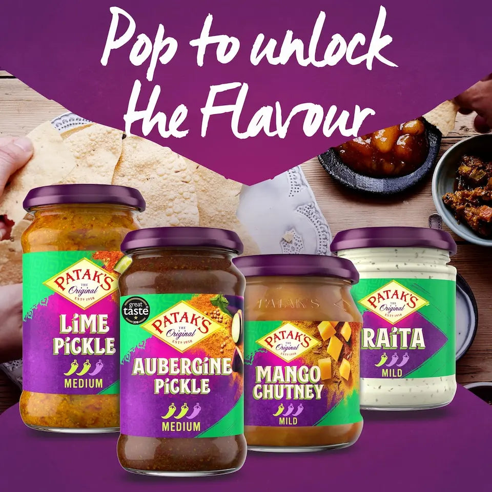 Patak's pickles and chutneys with a promotional text overlay on a purple background