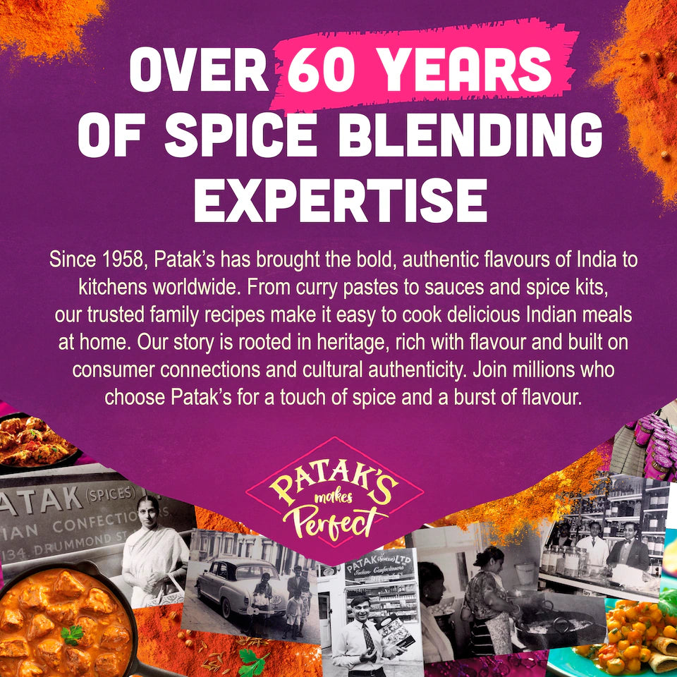 Advertisement for Patak's spice products with text about their 60 years of spice blending expertise.