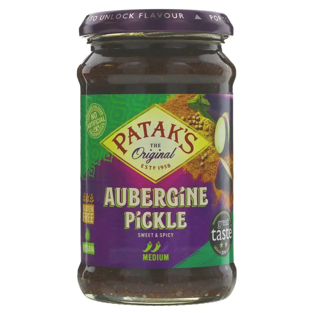 Jar of Patak's Aubergine Pickle on a white background