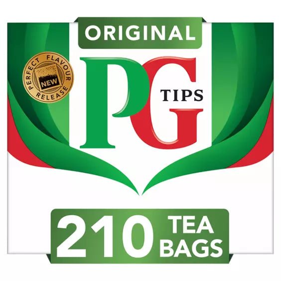 PG Tips tea packaging with '210 Tea Bags' on a white background