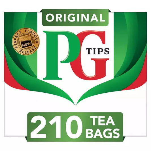 PG Tips tea packaging with '210 Tea Bags' on a white background