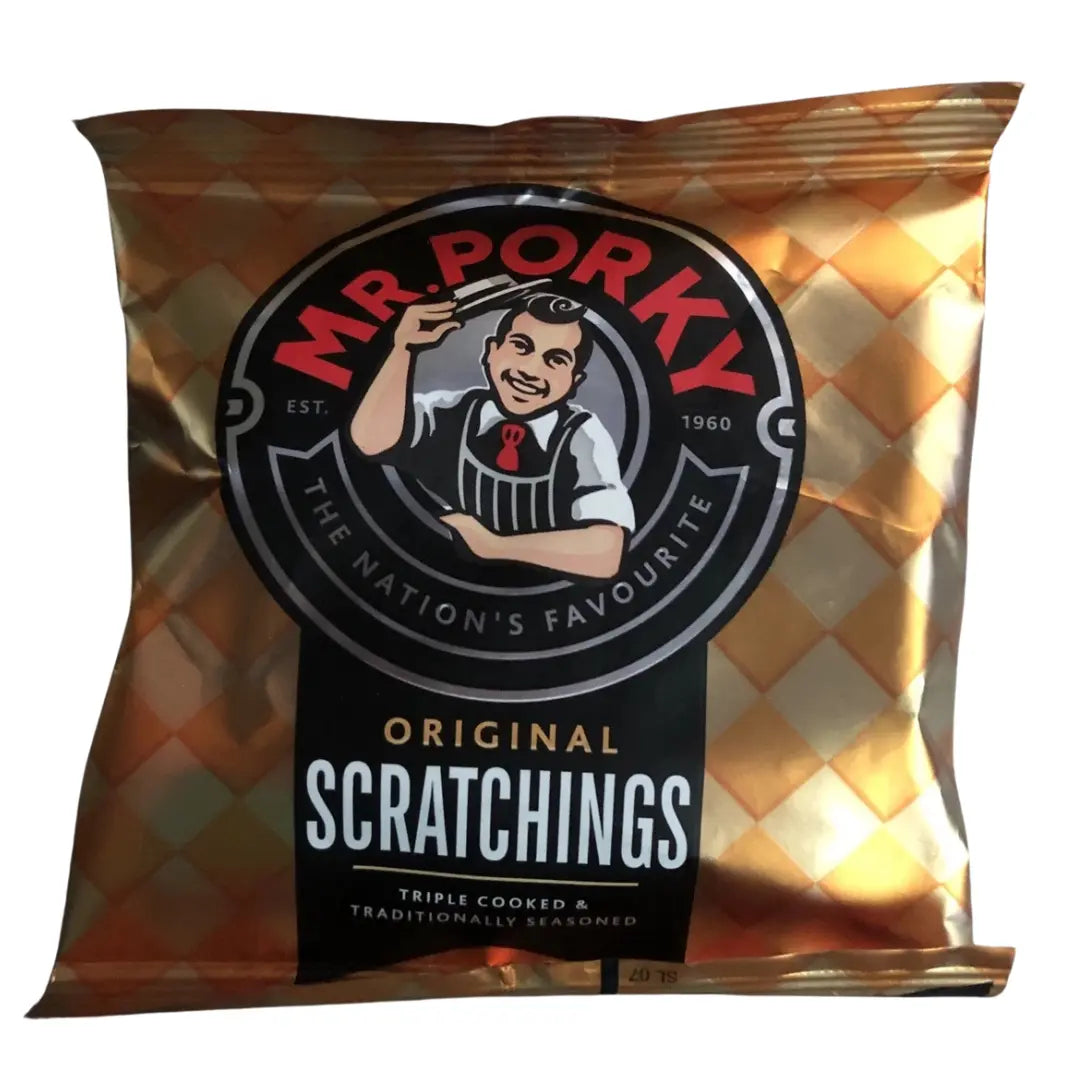 Packaged product with 'Mr. Porky' branding on a gold and brown checkered background