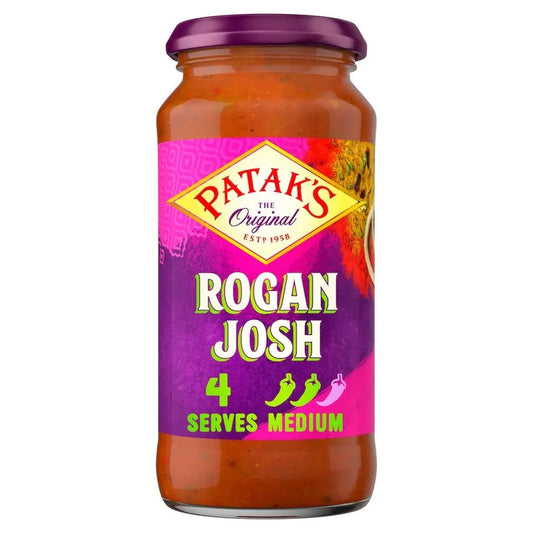 Patak's Rogan Josh sauce jar with a purple lid on a white background