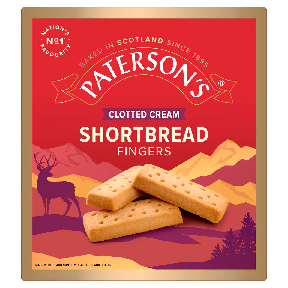 Paterson's Clotted Cream Shortbread Fingers packaging with a red background and mountain landscape design.