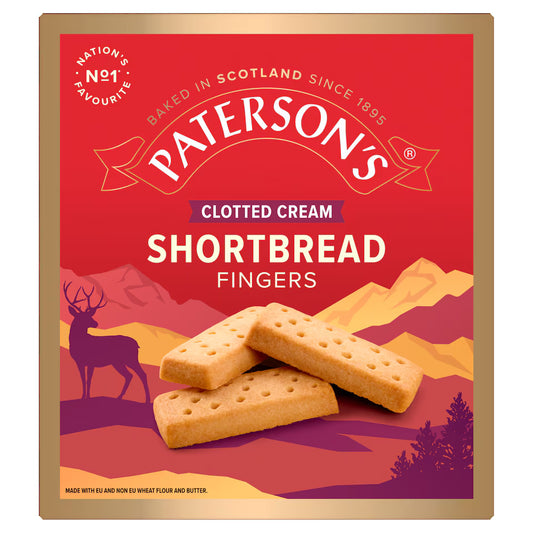 Paterson's Clotted Cream Shortbread Fingers packaging with a red background and mountain landscape design.