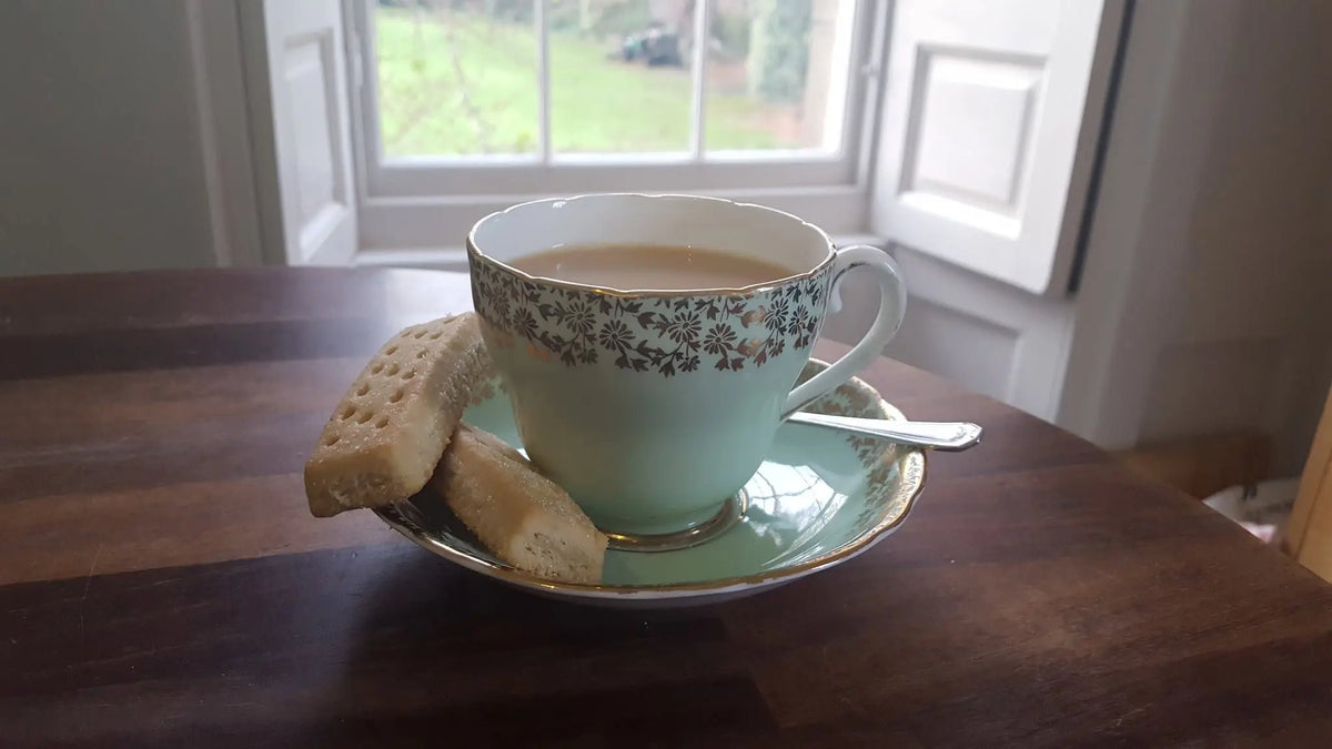 A light green porcelain teacup with a floral pattern around the rim, filled with tea and placed on a matching saucer with two shortbread biscuits and a silver spoon, set on a dark wooden table in front of an open window.