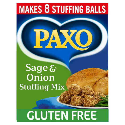 PAXO Sage & Onion Stuffing Mix packaging with a picture of stuffing balls on a blue background.