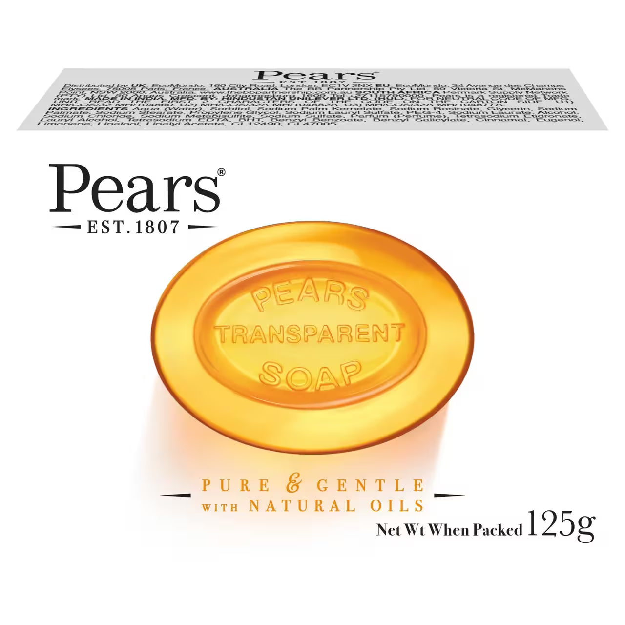 Pears transparent soap bar on a white background with branding and product details.