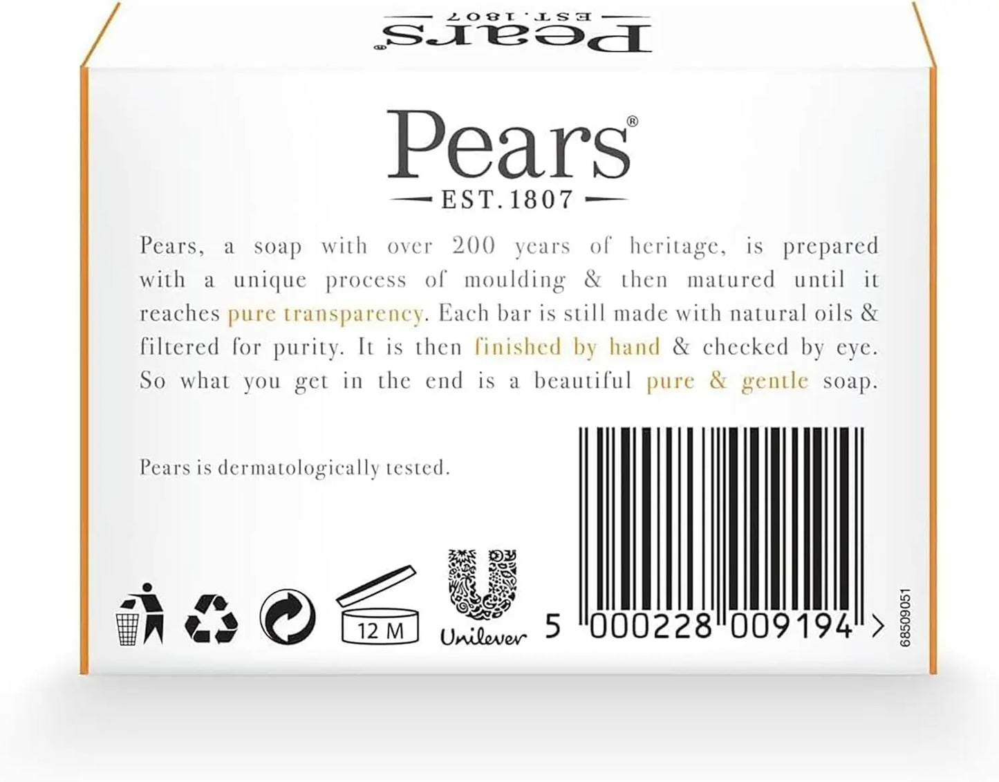 Pears soap packaging with branding and product details on a white background