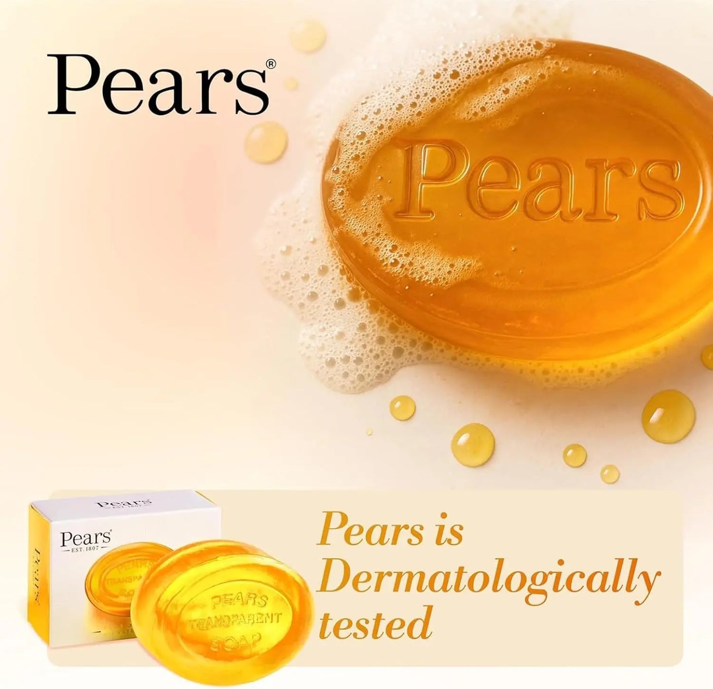 Pears soap bar with packaging on a light background