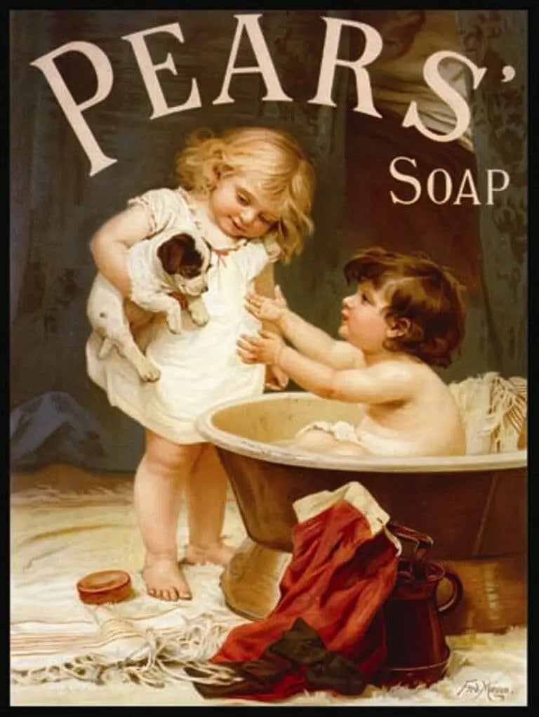 Vintage Pears' Soap advertisement with children and a dog around a bathtub.