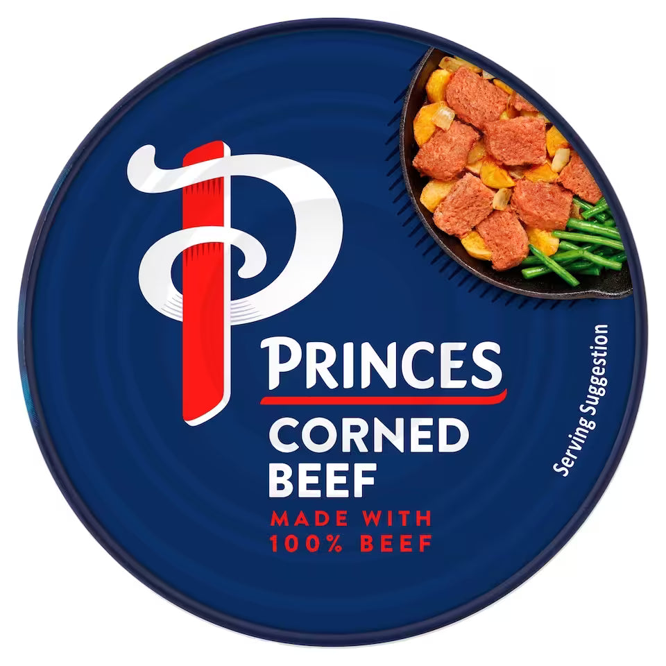 Princes Corned Beef can with logo and product image on a blue background