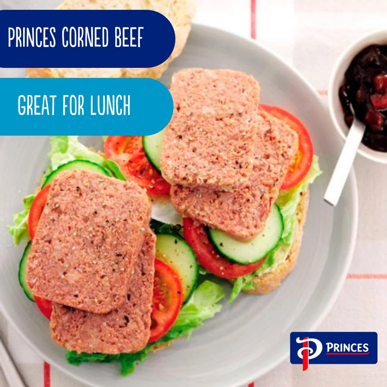 Princes Corned Beef sandwich with vegetables on a plate, with Princes branding.