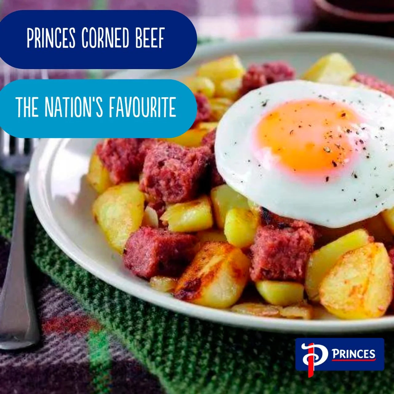 Plate of corned beef hash with a sunny-side-up egg, branded with Princes.
