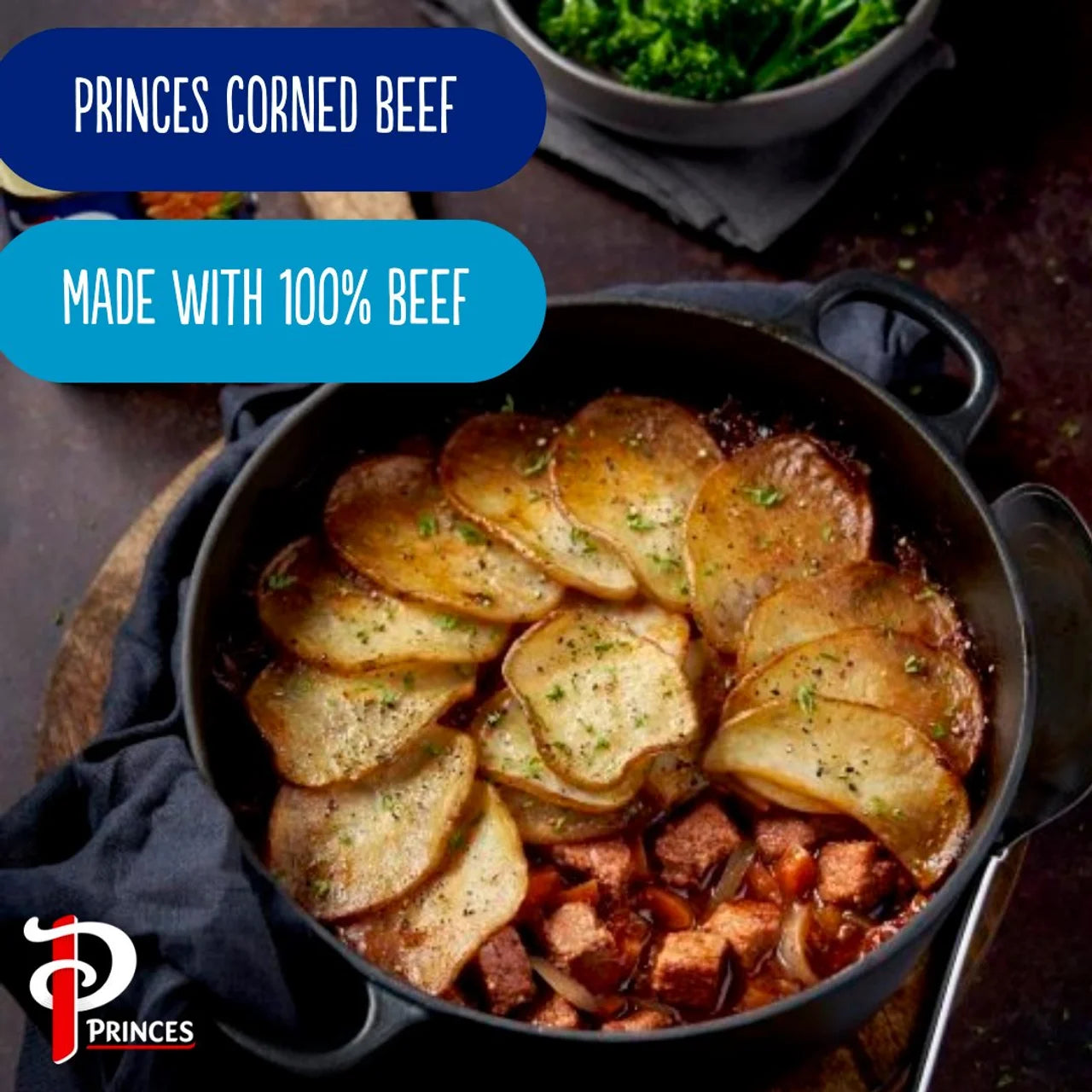 Princes corned beef dish with potatoes in a skillet, featuring the Princes brand logo.