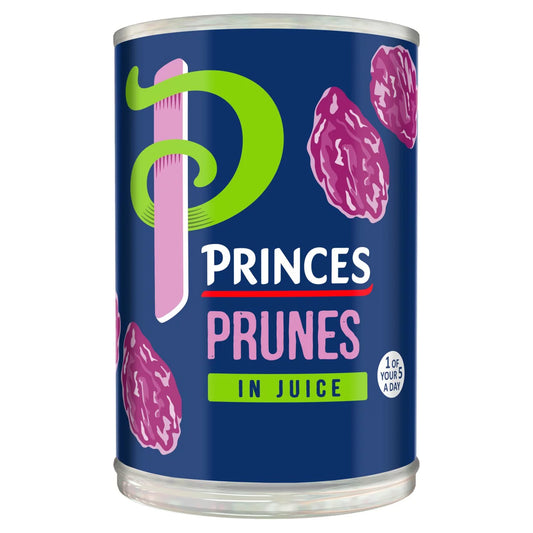 Can of Princes Prunes in Juice with blue label and pink prunes, now available at Buy British PH.