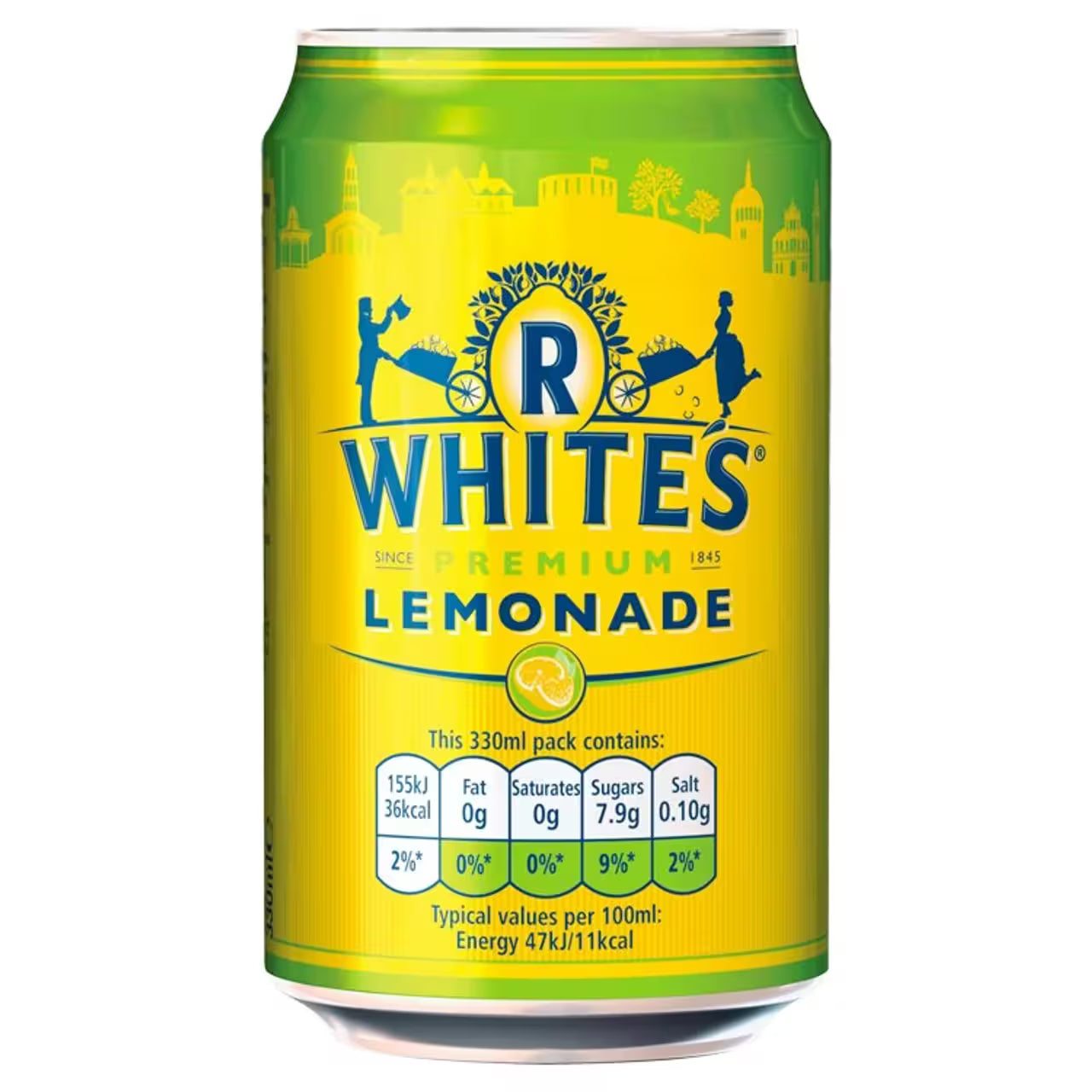 Can of R Whites Premium Lemonade with yellow and green design on a white background