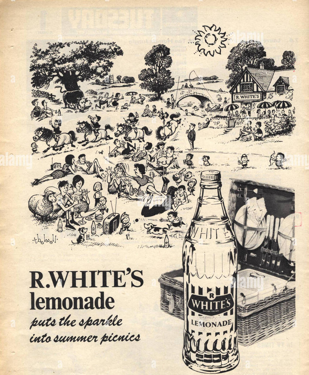 Vintage advertisement for R. White's lemonade with a bottle illustration and picnic scene.