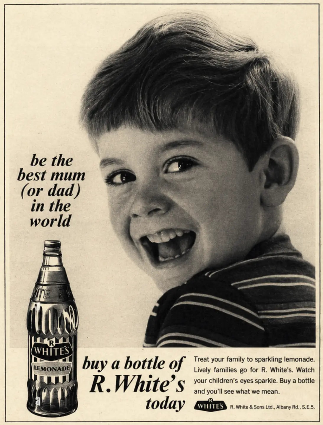 Vintage advertisement for R. White's lemonade featuring a boy with a bottle of lemonade.