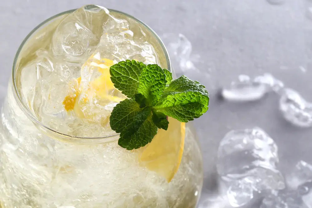 Cocktail with lemon and mint garnish in a glass on a light background