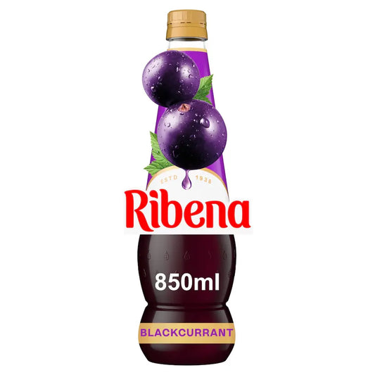 Ribena blackcurrant juice bottle with purple label and gold cap on a white background