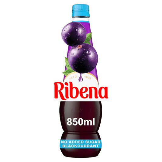 Ribena blackcurrant juice bottle with blue cap and visible text on a white background